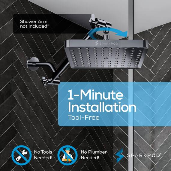 SparkPod Duschkopf – Hochdruckregen – luxuriöser moderner Look – werkzeuglose Installation in 1 Minute – der perfekte verstellbare Ersatz für Ihre Badezimmer-Duschköpfe (20,3 cm quadratisch,