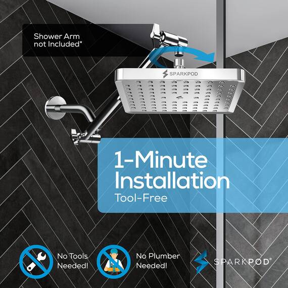 SparkPod Duschkopf – Hochdruckregen – werkzeuglose 1-Minuten-Installation – Verstellbarer Ersatz für Ihre Duschköpfe (20,3 cm quadratisch, luxuriöses, poliertes Chrom) - Regendusche - Kopfbrause