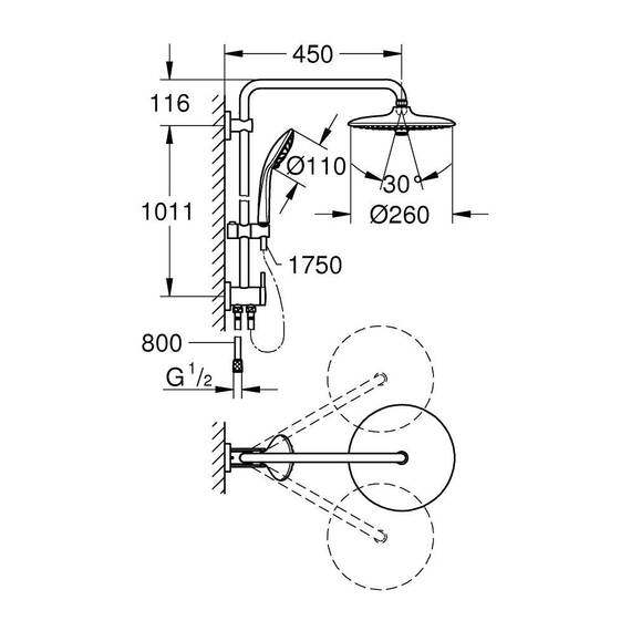 GROHE Vitalio Joy 260, Duschset ohne Armatur, wassersparend, 8l pro Min (Regendusche für vorhandene Armaturen, Kopfbrause mit 3 Strahlarten, Duschstange 74cm, Duschsystem), chrom, 27421002
