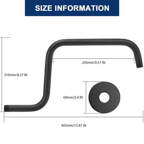 NearMoon S-förmiger Duschverlängerungsarm mit Flansch, Edelstahl-Duschkopf-Verlängerungsrohr, horizontale Verlängerung, Standard 1,27 cm Anschluss, Badezimmer-Zubehör, 40,6 cm (16 Zoll), mattschwarz