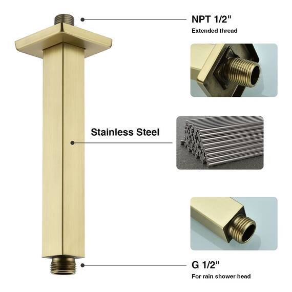 Duscharm mit Flansch, gebürstet, goldfarben, 15,2 cm, gerade, Edelstahl-Oberseite, Regenduschkopf-Verlängerungsrohr, quadratisch geformt