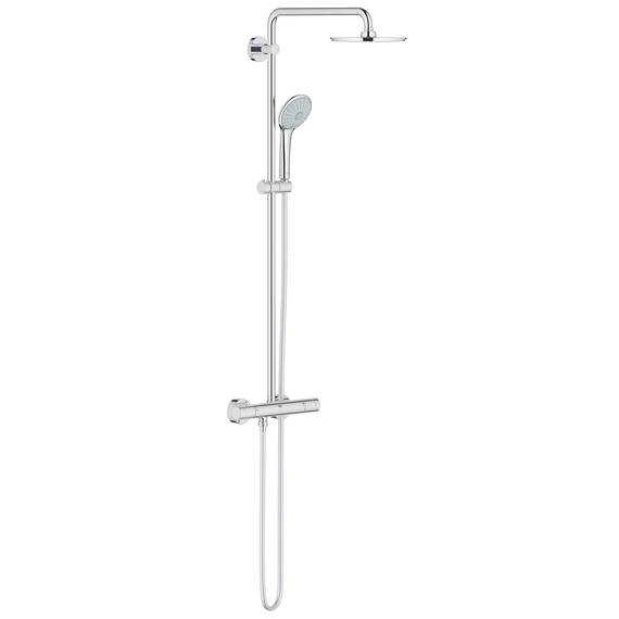 GROHE Euphoria 210, Duschsystem (Regendusche mit Thermostat und schwenkbarem Kopfbrausearm, Sicherheitssperre bei 38C, Duscharmatur mit Ablage und Antikalk-System), chrom, 27964000
