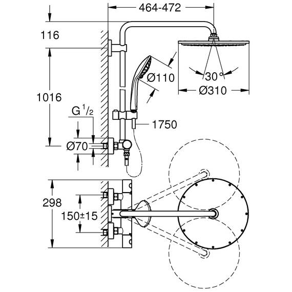 GROHE Euphoria 310 - Duschsystem inkl. Thermostatbatterie (Wandmontage, langlebige Oberfläche, Antikalk-System), supersteel, 26075DC0