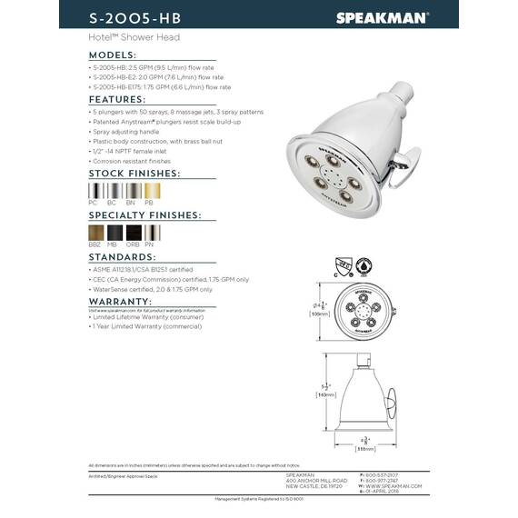Speakman, S-2005-HB-BN-E2 Hotel Anystream Multifunktions-Duschkopf, 2,0 GPM, gebürstetes Nickel, verstellbar