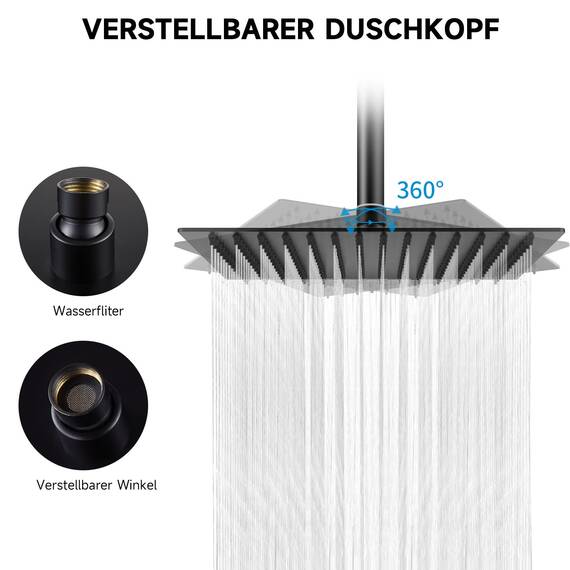 HAUSPROFI Kopfbrause 8 Zoll aus Edelstahl 304 - Duschkopf Regendusche mit Selbstreinigenden Düsen - Quadratischer Duschkopf Luxus Regenbrause Regenduschkopf - Mattschwarz (20CM)