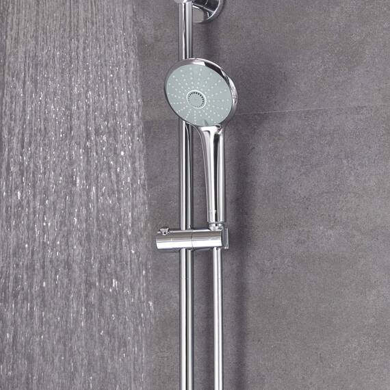 GROHE Euphoria 210, Duschsystem (Regendusche mit Thermostat und schwenkbarem Kopfbrausearm, Sicherheitssperre bei 38C, Duscharmatur mit Ablage und Antikalk-System), chrom, 27964000
