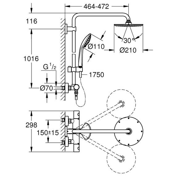 GROHE Euphoria 210, Duschsystem (Regendusche mit Thermostat und schwenkbarem Kopfbrausearm, Sicherheitssperre bei 38C, Duscharmatur mit Ablage und Antikalk-System), chrom, 27964000