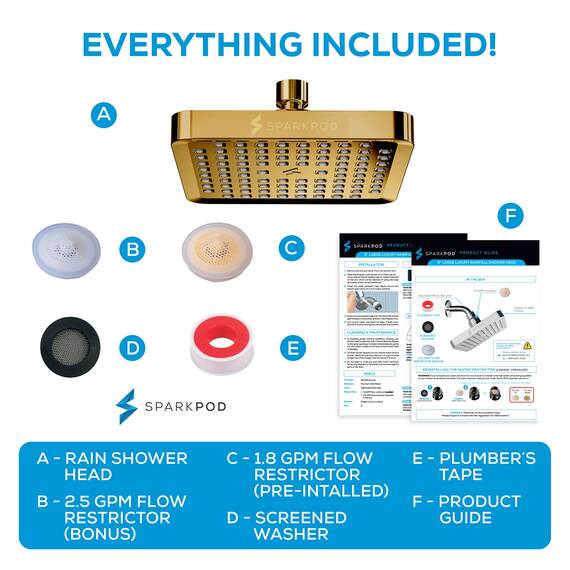 SparkPod Fixed Shower Head - High Pressure Rain - Luxury Modern Look - Easy Tool Free Installation - The Perfect Adjustable Replacement (Gold, 15cm Square)