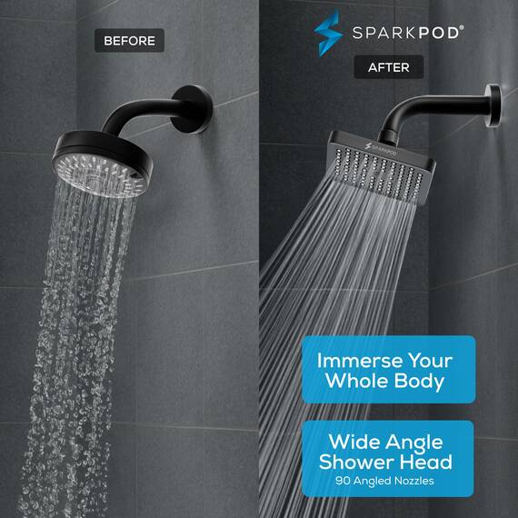 SparkPod Fixed Shower Head - High Pressure Rain - Luxury Modern Look - Easy Tool Free Installation - The Perfect Adjustable Replacement (Matte Black, 15cm Square)