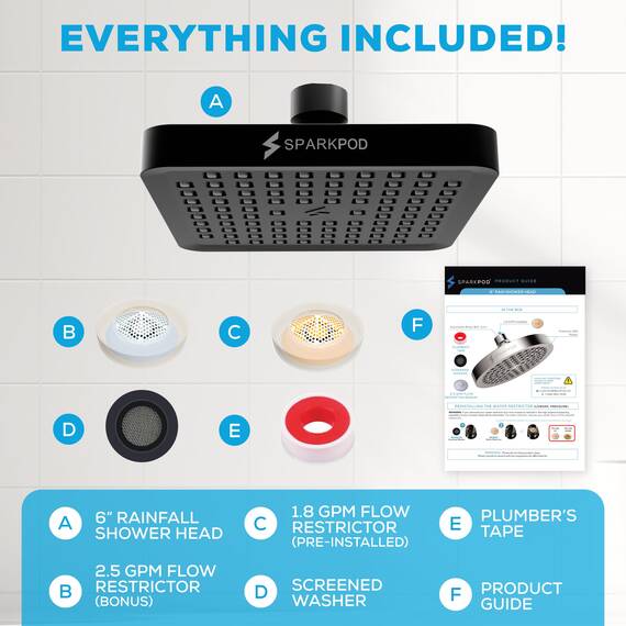 SparkPod Fixed Shower Head - High Pressure Rain - Luxury Modern Look - Easy Tool Free Installation - The Perfect Adjustable Replacement (Matte Black, 15cm Square)