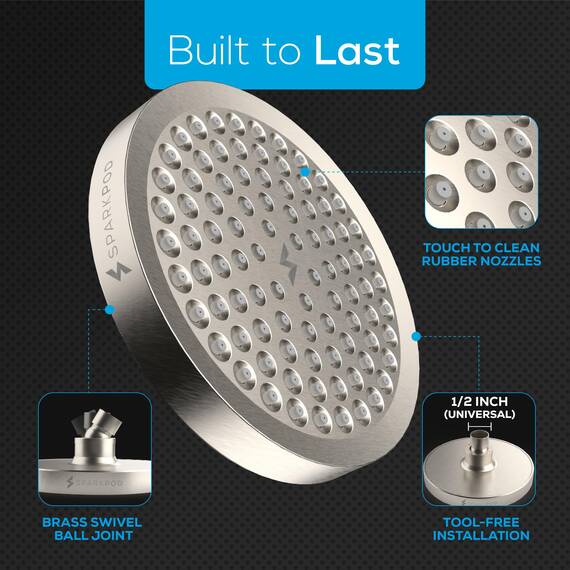 SparkPod Duschkopf – Hochdruckregen – Premium-Qualität, luxuriöses Design – leicht zu reinigen, verstellbarer Ersatz für Ihre Badezimmer-Duschköpfe (elegant gebürstetes Nickel, 15,2 cm rund)