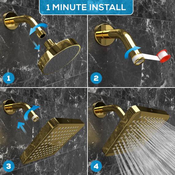 SparkPod Fixed Shower Head - High Pressure Rain - Luxury Modern Look - Easy Tool Free Installation - The Perfect Adjustable Replacement (Gold, 15cm Square)