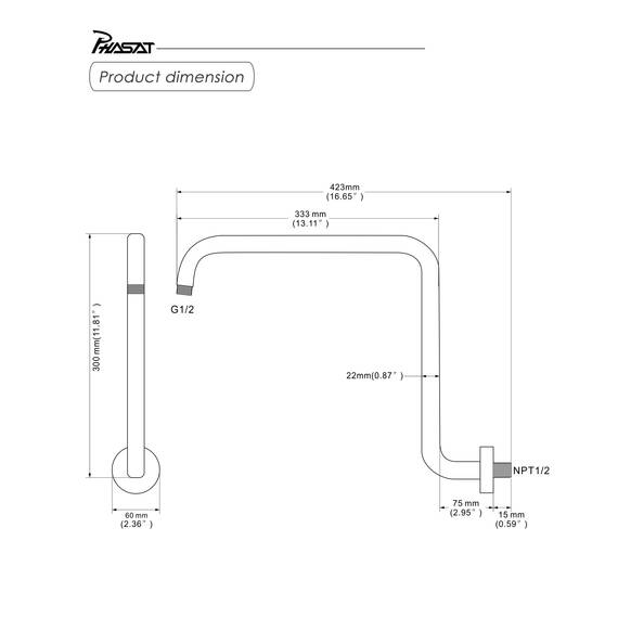 PHASAT S-förmiger Duscharm, 41,65 cm hoher Duscharm mit Flansch, Duschkopf-Verlängerungsarm-Ersatz, Duscharm-Verlängerung, gebürstetes Nickel, PU9L02