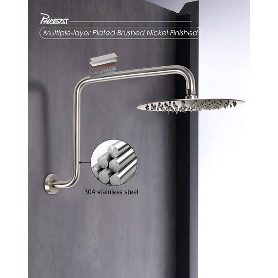 PHASAT S-förmiger Duscharm, 41,65 cm hoher Duscharm mit Flansch, Duschkopf-Verlängerungsarm-Ersatz, Duscharm-Verlängerung, gebürstetes Nickel, PU9L02