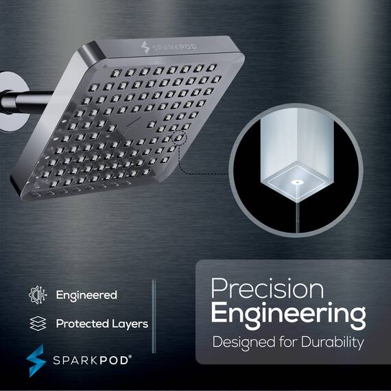 SparkPod Fixed Shower Head - High Pressure Rain - Luxury Modern Look - Easy Tool Free Installation - The Perfect Adjustable Replacement (Charcoal Grey, 15cm Square)
