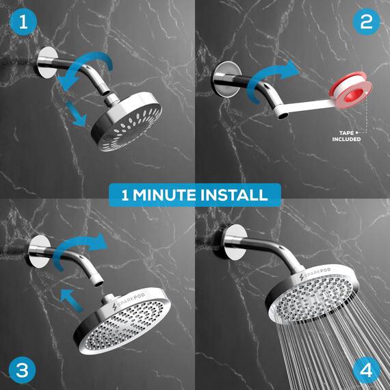 SparkPod Feststehender Duschkopf mit Hochdruck Regen Funktion - Einfache Werkzeugfreie Installation - Verstellbarer Ersatz Duschkopf - Regenduschkopf mit Filter - Brause - Dusche (Chrome, 15cm Round)