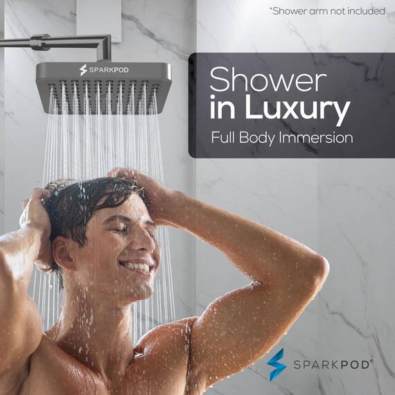 SparkPod Fixed Shower Head - High Pressure Rain - Luxury Modern Look - Easy Tool Free Installation - The Perfect Adjustable Replacement (Charcoal Grey, 15cm Square)
