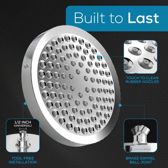 SparkPod Feststehender Duschkopf mit Hochdruck Regen Funktion - Einfache Werkzeugfreie Installation - Verstellbarer Ersatz Duschkopf - Regenduschkopf mit Filter - Brause - Dusche (Chrome, 15cm Round)