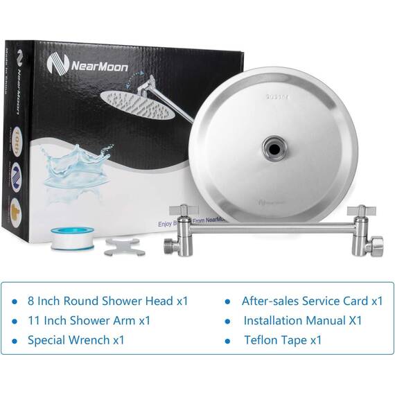 NearMoon Regenduschkopf mit 27,9 cm verstellbarem Arm, Hochdruck-Edelstahl-Regendusche, ultradünnes Design – druckverstärkend (20,3 cm, Nickel)