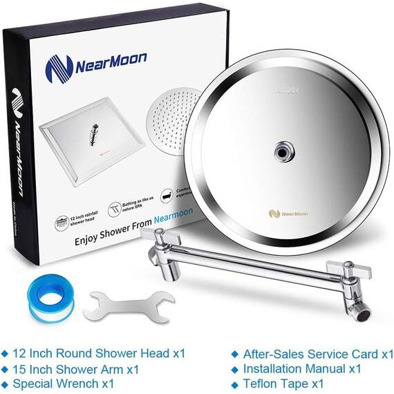 NearMoon Regenduschkopf mit 27,9 cm verstellbarem Arm, Hochdruck-Edelstahl-Regendusche, ultradünnes Design – Druckerhöhung (30,5 cm, Chrom)