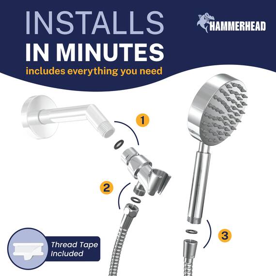 HammerHead Showers Massiver Metall-Handbrause mit Schlauch und Messinghalterung, Chrom, 2,5 GPM Hochdruck-Duschköpfe mit verstellbarer Duschstabhalterung, 1,8 m flexible Verlängerung