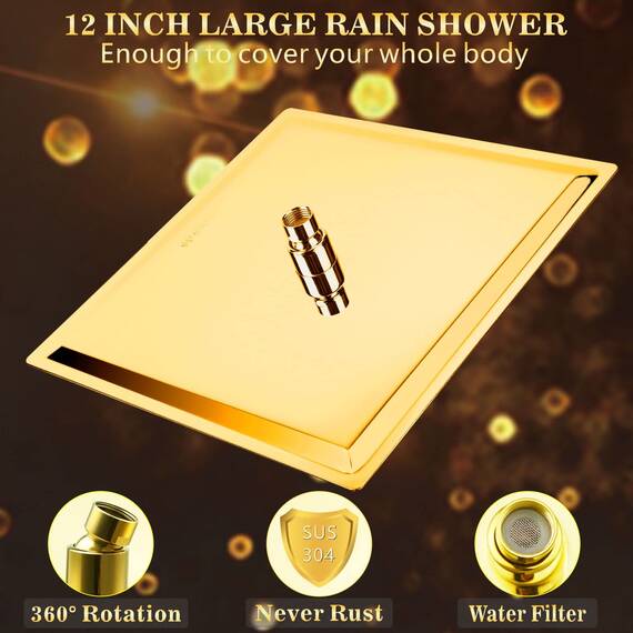 Regenduschkopf - Voolan 12 Zoll Großer Regenduschkopf aus 304 Edelstahl - Perfekter Ersatz für Ihr Badezimmer Duschkopf (30,5 cm Gold)