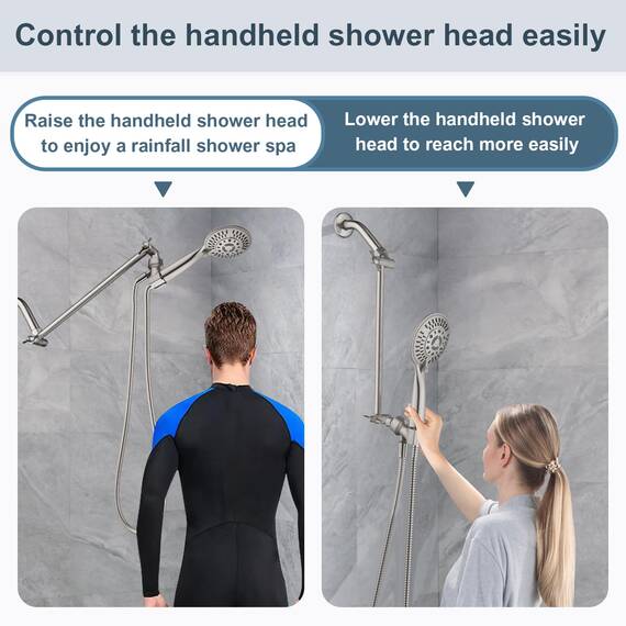 BRIGHT SHOWERS 38-cm-Duscharmverlängerung für Duschköpfe aus massivem Messing mit Feststellschraube für Regenduschköpfe und Handbrausen, höhen- und winkelverstellbar, gebürstetes Nickel
