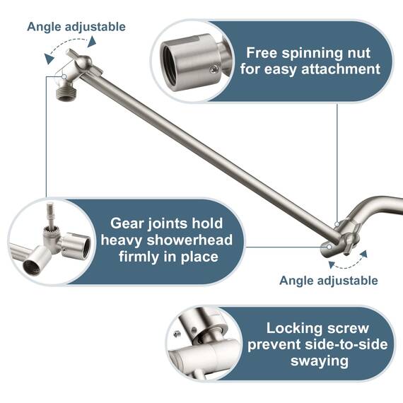BRIGHT SHOWERS 38-cm-Duscharmverlängerung für Duschköpfe aus massivem Messing mit Feststellschraube für Regenduschköpfe und Handbrausen, höhen- und winkelverstellbar, gebürstetes Nickel