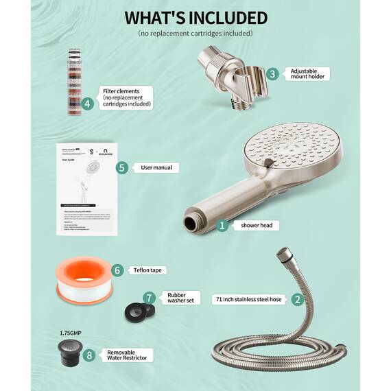 SR SUN RISE Gefilterter Duschkopf mit Handbrause, Hochdruck-Duschkopf mit 9 Sprühmodi, gebürstetes Nickel, mit Filtern, Wasserenthärter filtert Perlen für hartes Wasser – entfernt Chlor, reduziert