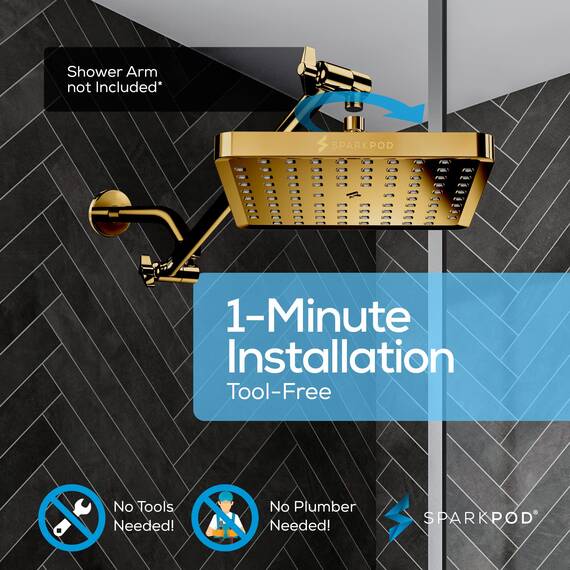 SparkPod Fester Duschkopf - Hochdruckregen - Luxus Moderne Optik - Einfache Installation ohne Werkzeug - Perfekter verstellbarer Ersatz für Ihre Badezimmer Duschköpfe (20cm Quadrat, Ägyptisches Gold)