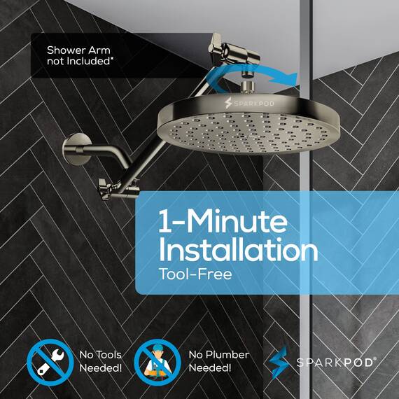 SparkPod Duschkopf – Hochdruckregen – Luxuriöser moderner Look werkzeuglose 1-Minuten Installation–der perfekte verstellbare Ersatz für Ihr Badezimmer Duschköpfe 20,3 cm kreisförmig, Nickel gebürstet