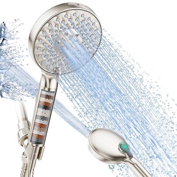 SR SUN RISE Gefilterter Duschkopf mit Handbrause, Hochdruck-Duschkopf mit 9 Sprühmodi, gebürstetes Nickel, mit Filtern, Wasserenthärter filtert Perlen für hartes Wasser – entfernt Chlor, reduziert