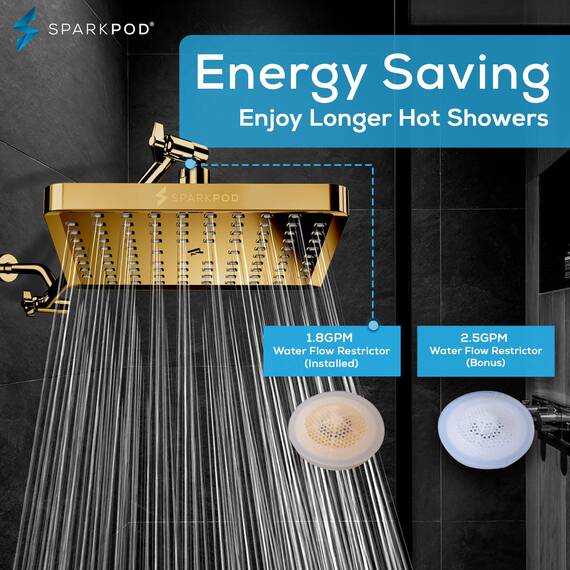SparkPod Fester Duschkopf - Hochdruckregen - Luxus Moderne Optik - Einfache Installation ohne Werkzeug - Perfekter verstellbarer Ersatz für Ihre Badezimmer Duschköpfe (20cm Quadrat, Ägyptisches Gold)