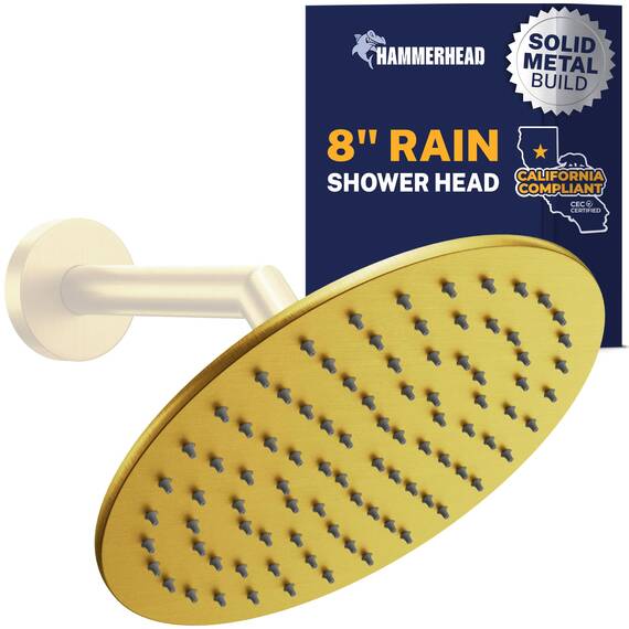 HammerHead Showers Regenduschkopf aus massivem Metall, rund, 20,3 cm, hoher Durchfluss, optimiert für Druck, gebürstetes Gold, 1,75 GPM
