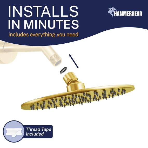 HammerHead Showers Regenduschkopf aus massivem Metall, rund, 20,3 cm, hoher Durchfluss, optimiert für Druck, gebürstetes Gold, 2,5 GPM
