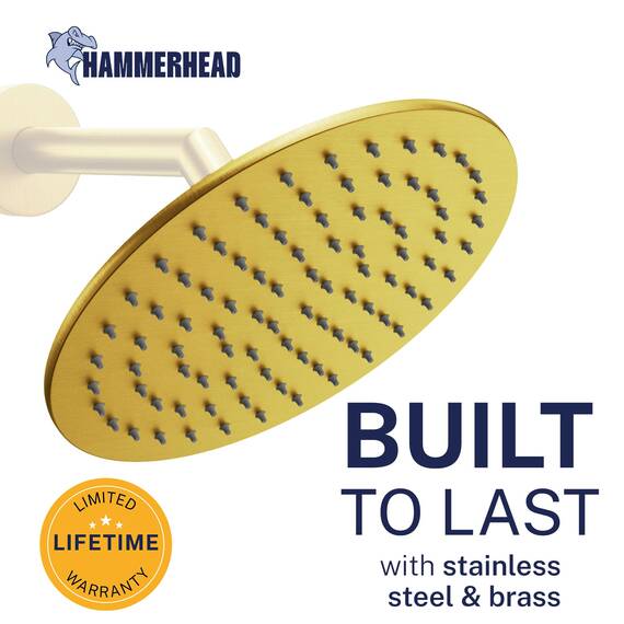 HammerHead Showers Regenduschkopf aus massivem Metall, rund, 20,3 cm, hoher Durchfluss, optimiert für Druck, gebürstetes Gold, 1,75 GPM
