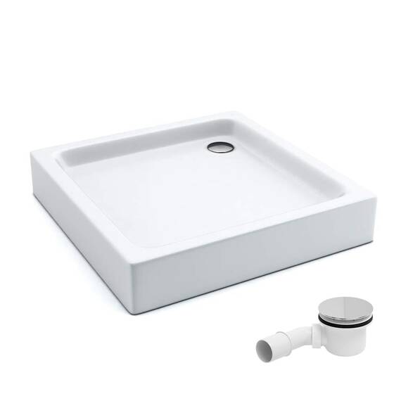 AQUABAD Duschwanne/Duschtasse | Komplettset Forta Plus mit LeakProtect Technologie Smooth White 80x80cm Quadrat | inkl. Ablaufgarnitur/Siphon Alcadran A49CR