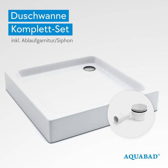 AQUABAD Duschwanne/Duschtasse | Komplettset Forta Plus mit LeakProtect Technologie Smooth White 70x70cm Quadrat | inkl. Ablaufgarnitur/Siphon Alcadran A49CR