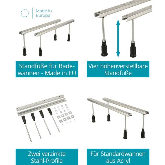 Calmwaters® Wannenfuß Universal für Acrylbadewannen, 4 höhenverstellbare Standfüße aus verzinktem Stahl, 175-230 mm, Wannenfüße für Acrylwannen, 03SL3486