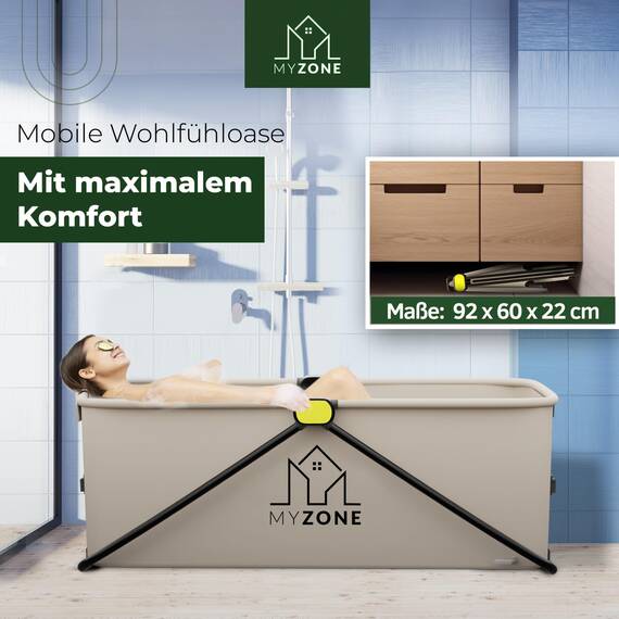 MyZone faltbare Badewanne, 150 x 60 x 50 cm | Klappbare, Mobile, Platzsparende, Badewanne für Dusche | Outdoor, Duschbadewanne, Eisbad/Eiswanne | Alternative zu aufblasbare Badewanne Erwachsene Grau
