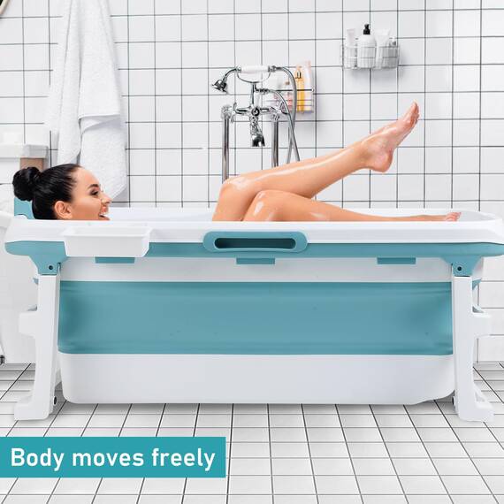 Cecaylie 132x60x50cm Faltbare Badewanne Erwachsene, Tragbare Klappbare mobile Badewanne mit Abdeckung & Massagerollen, Seifenkorb，für Badezimmer und Dusche - Blau