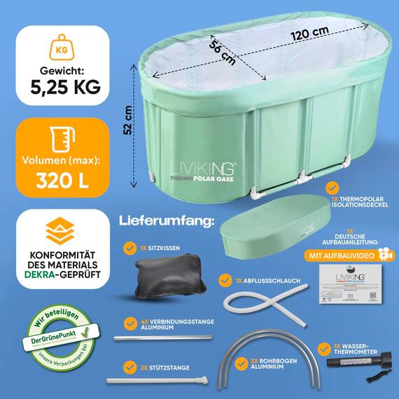 LIVIKING® Eisbad + Faltbare Badewanne Erwachsene [120 cm - 2in1 KOMFORT KOMPLETTSET] Eisbaden Tonne, Mobile Badewanne Outdoor & Eistonne – Jetzt Eintauchen! (Klassisch, Eukalyptus Grün)