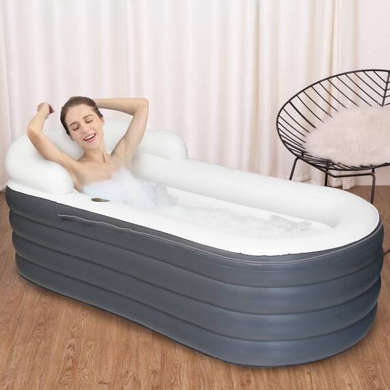 Aufblasbare Einweichbadewanne für Erwachsene, große tragbare Eisbadewanne, Spa, Einweichwanne mit Reißverschlussabdeckung, entworfen mit Kopfstütze, Getränkehalter (Luftpumpe im-168x76x68cm)