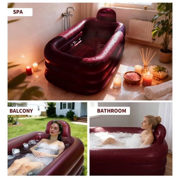 Nevife Aufblasbare Badewanne für Frauen – Freistehende tragbare Wanne PVC, Komfortboden & Kopfstütze – Perfekt für Eisbäder im Sommer, Spa-Abende, Camping – Inklusive Handpumpe, Rot