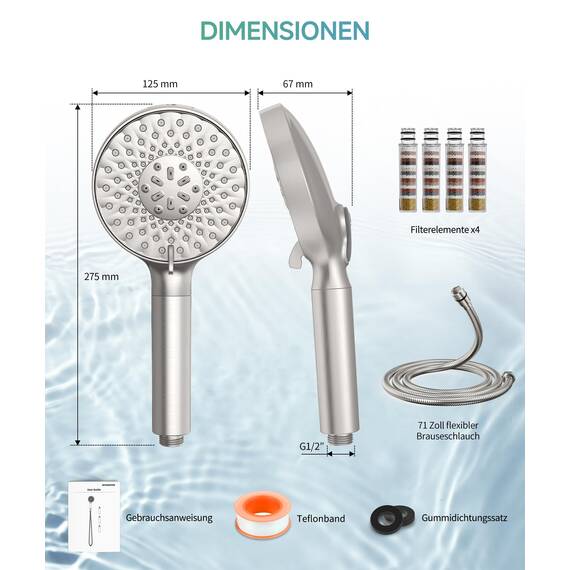 SR SUN RISE Duschkopf mit Filter, Drahtziehen Duschkopf mit Schlauch und Filterpatronen, 9-Funktions-Handbrause mit 4 Duschfilter, Duschbrause für Hartes Wasser, Rest-Chlor, Schwermetall, Bakterien