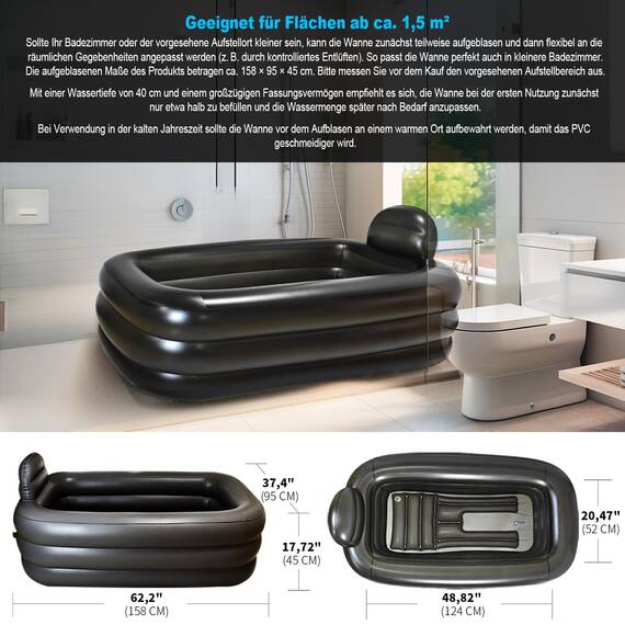 Nevife Aufblasbare Badewanne für Damen und Herren – Geräumig & tief zum Entspannen – Faltbare Spa-Wanne mit Handpumpe – Für Zuhause, Terrasse & Mietwohnungen – Dunkelgrau 160x90cm