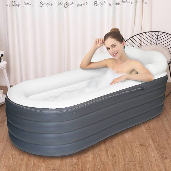 Aufblasbare Einweichbadewanne für Erwachsene, große tragbare Eisbadewanne, Spa, Einweichwanne mit Reißverschlussabdeckung, entworfen mit Kopfstütze, Getränkehalter (Luftpumpe im-168x76x68cm)