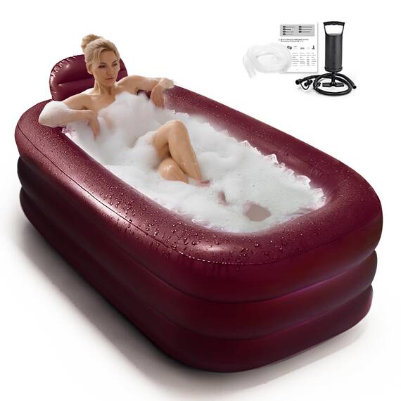 Nevife Aufblasbare Badewanne für Frauen – Freistehende tragbare Wanne PVC, Komfortboden & Kopfstütze – Perfekt für Eisbäder im Sommer, Spa-Abende, Camping – Inklusive Handpumpe, Rot