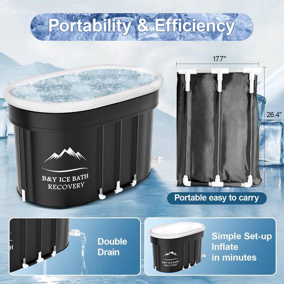 B&Y Ovales Eisbad, Faltbare Badewanne Erwachsene, Isolierte Eistonne für Innen und Außenbereich, Kältetherapie für Sportler Athleten, Ice Bath/Cold Plunge für Zuhause (Schwarz 100x65x65cm)