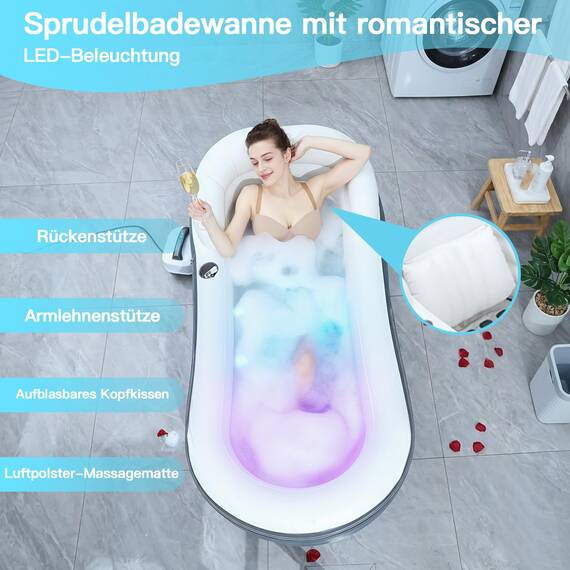 Tragbare Badewanne für Erwachsene mit Luftmassagematte, Whirlpool Badewanne mit romantischer LED-Beleuchtung, Kopfkissen/Rückenlehne/Armlehnen (inklusive Luftpumpe)